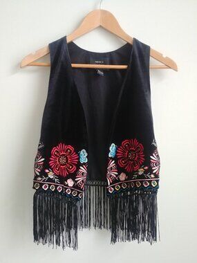 Forever 21 Small black velvet embroidered vest with long tassel fringe